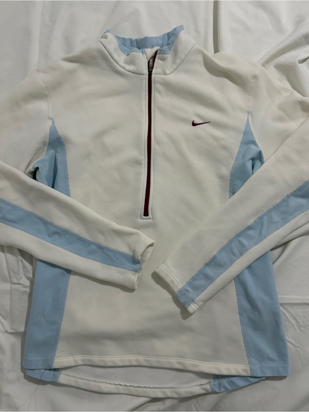 Nike Women’s White Half-Zip Sweater with Light Blue Panels and Maroon Swoosh